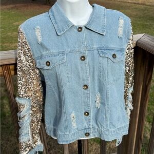 Distressed Denim Jacket Sequin Sleeve Y2K Glam Western Festival Chic w034